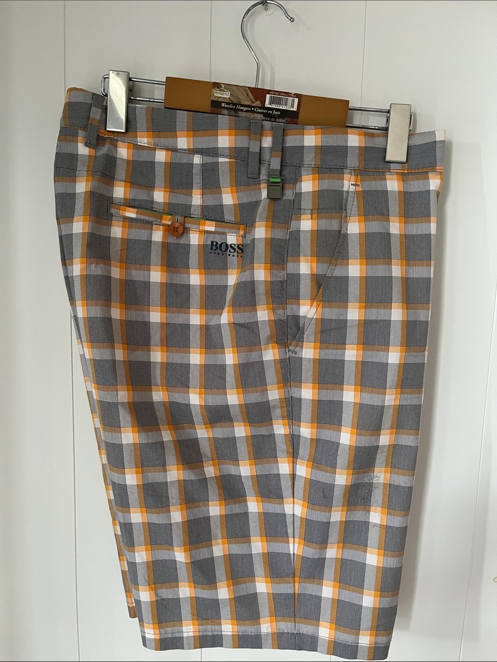 Hugo Boss Gray and Orange Plaid Men’s Shorts